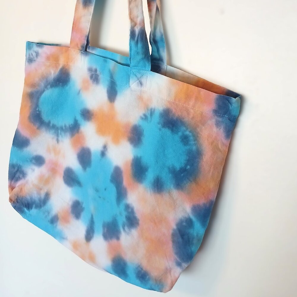 Tie Dye Cotton Reusable Grocery Tote Bag With Colorbursts in Orange Blue & Pink - Picture 4 of 16